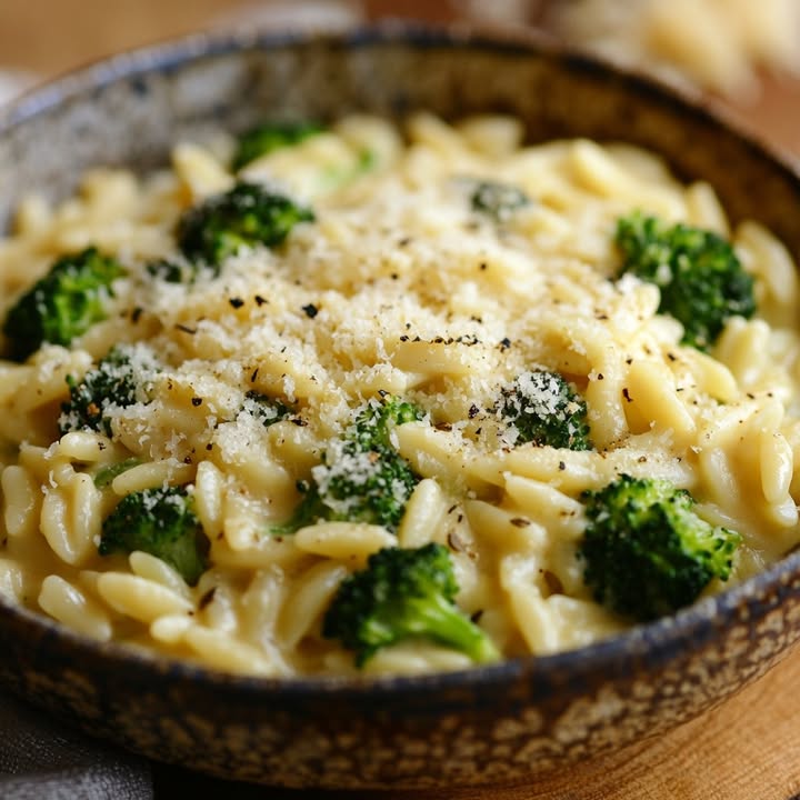 Cremiger Parmesan-Orzo mit Brokkoli