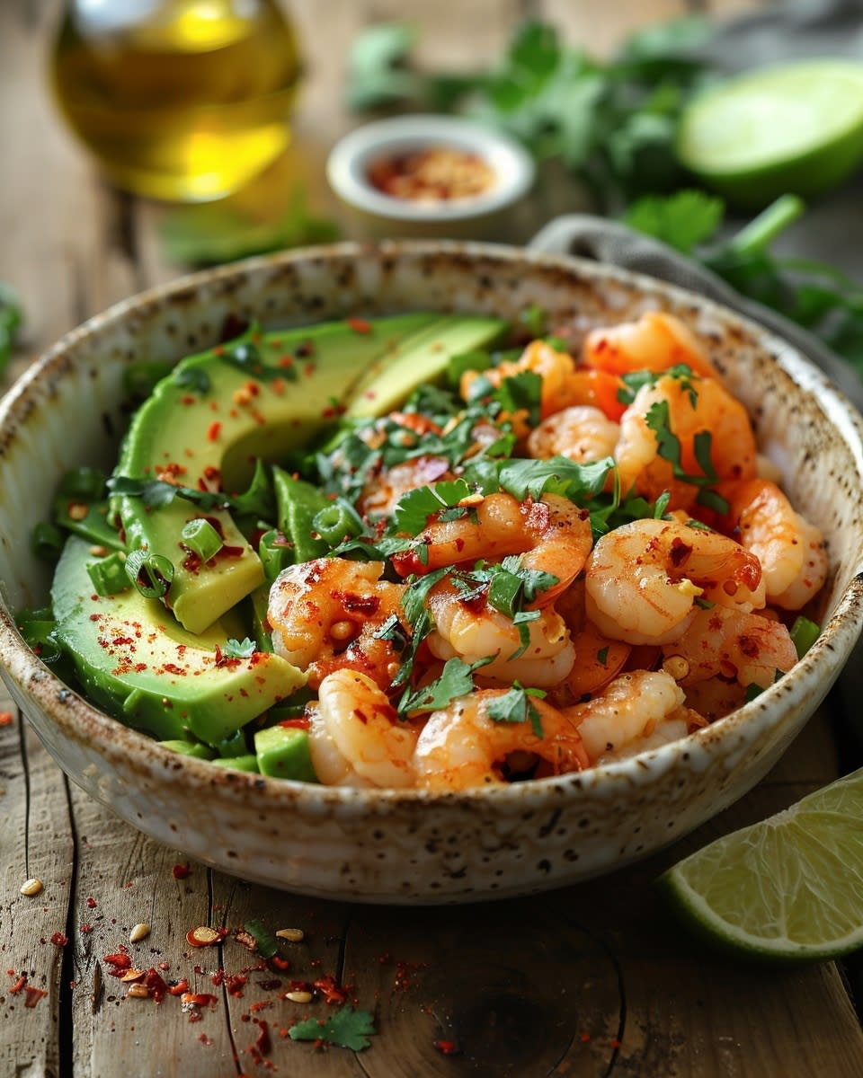 Gebratene Garnelen Bowl mit Avocado