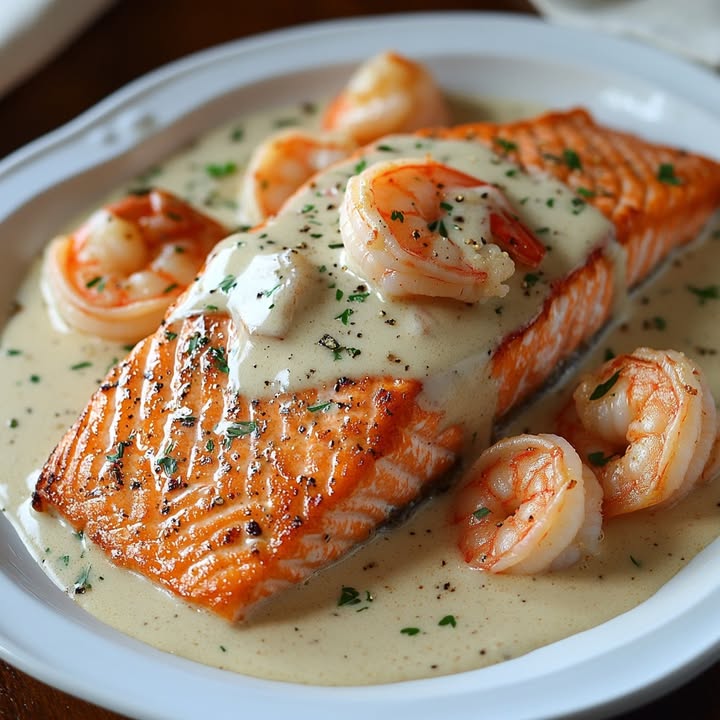 Lachs Garnelen Knoblauchsoße