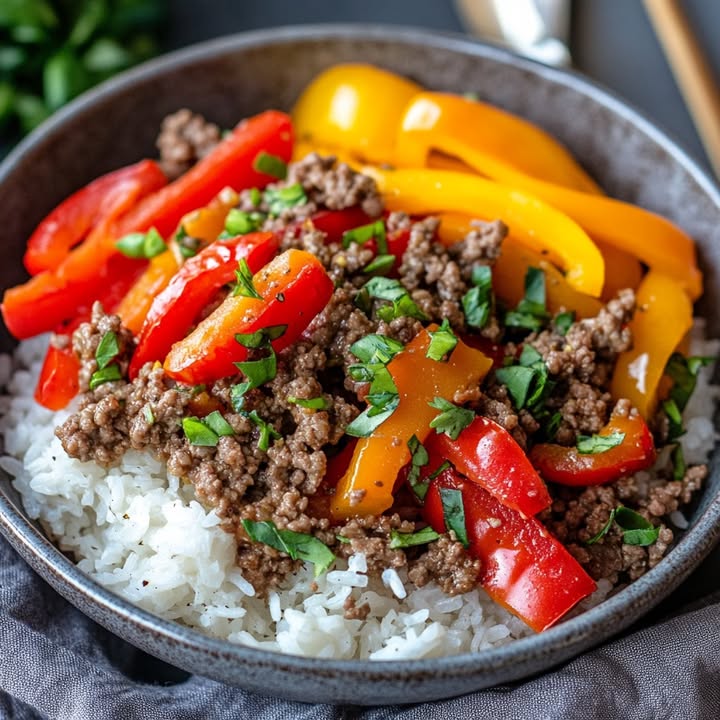 Rindfleisch-Paprika-Reisbowl