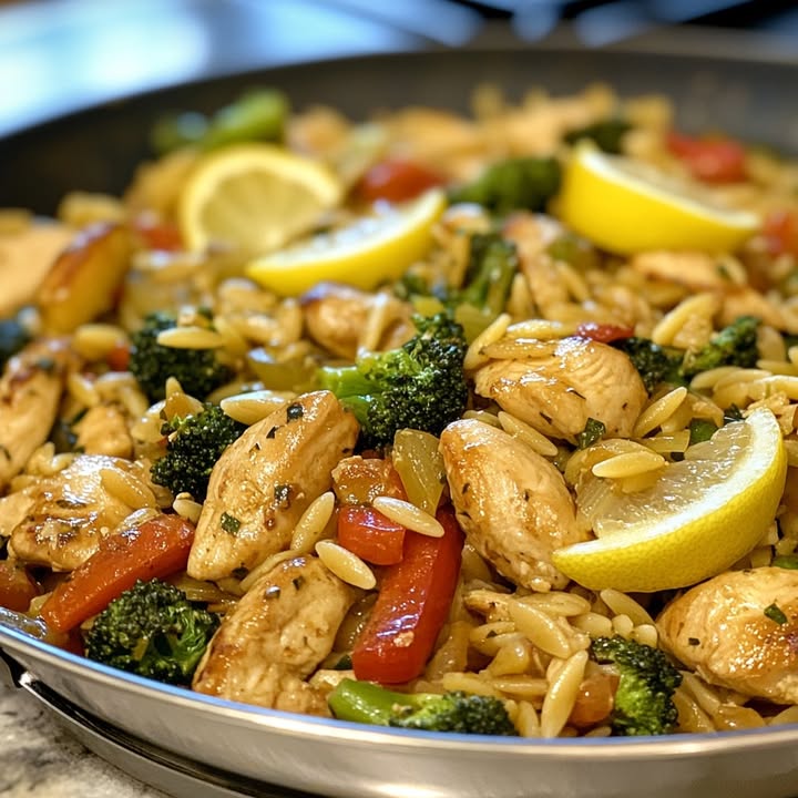 Zitronen Hühnchen Orzo Pfanne